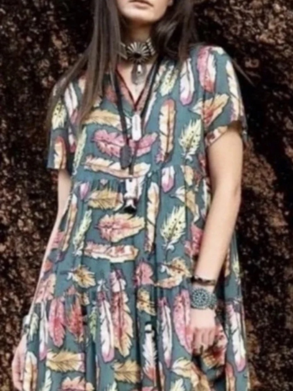 Double D Ranch Teal Boho Feather Print Tunic Dress